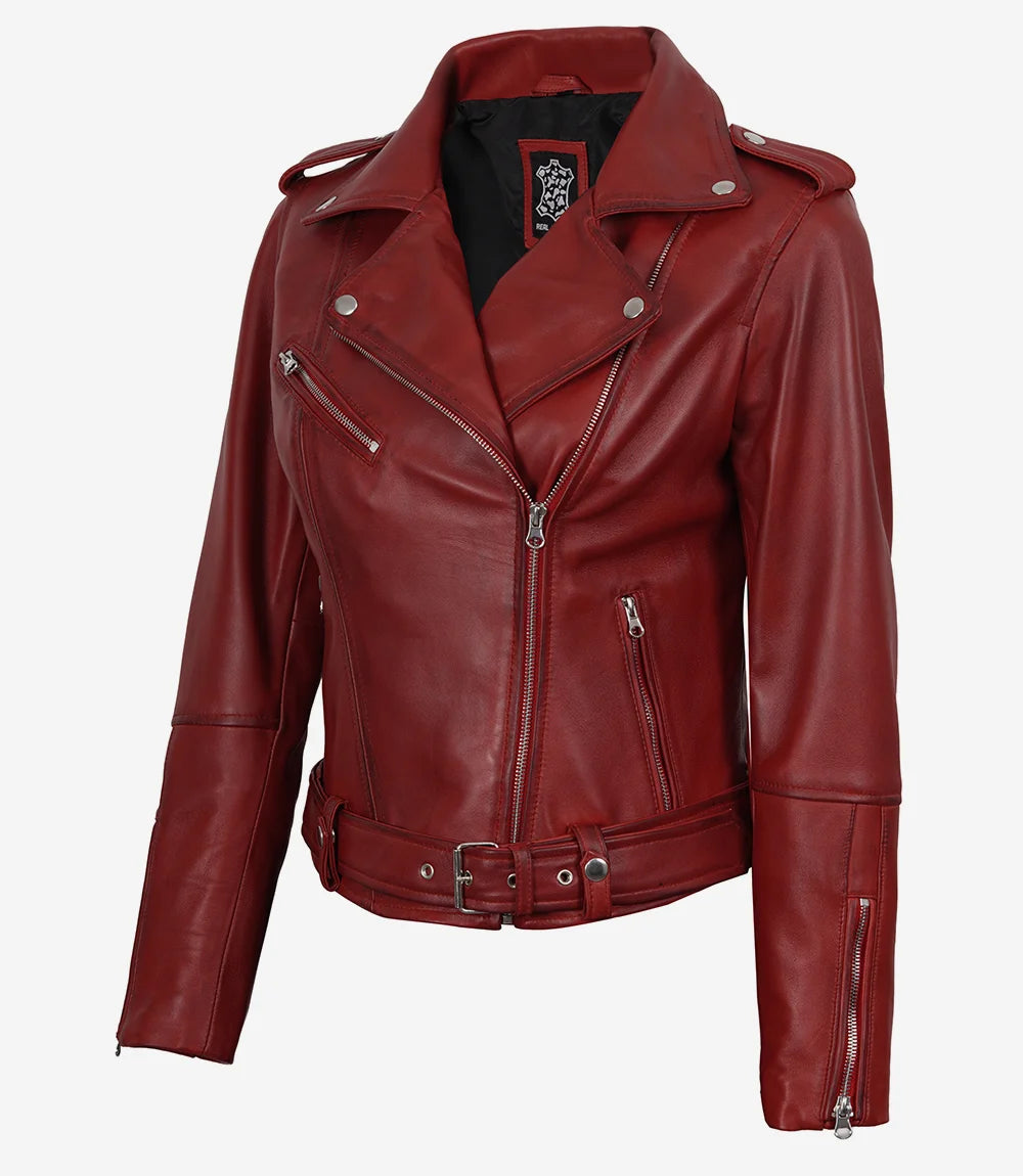 Veste de moto en cuir rouge femme