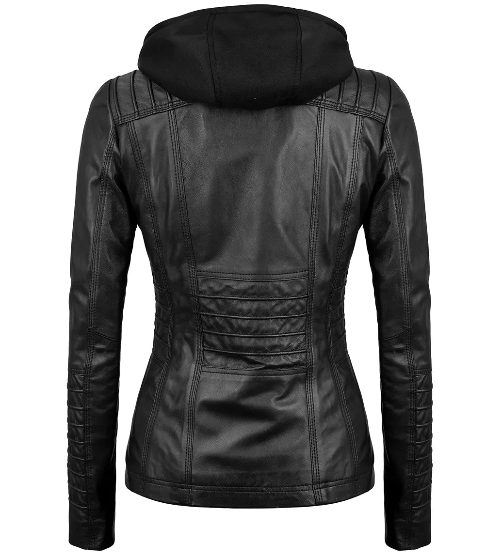 Veste en cuir à capuche noire pour femme