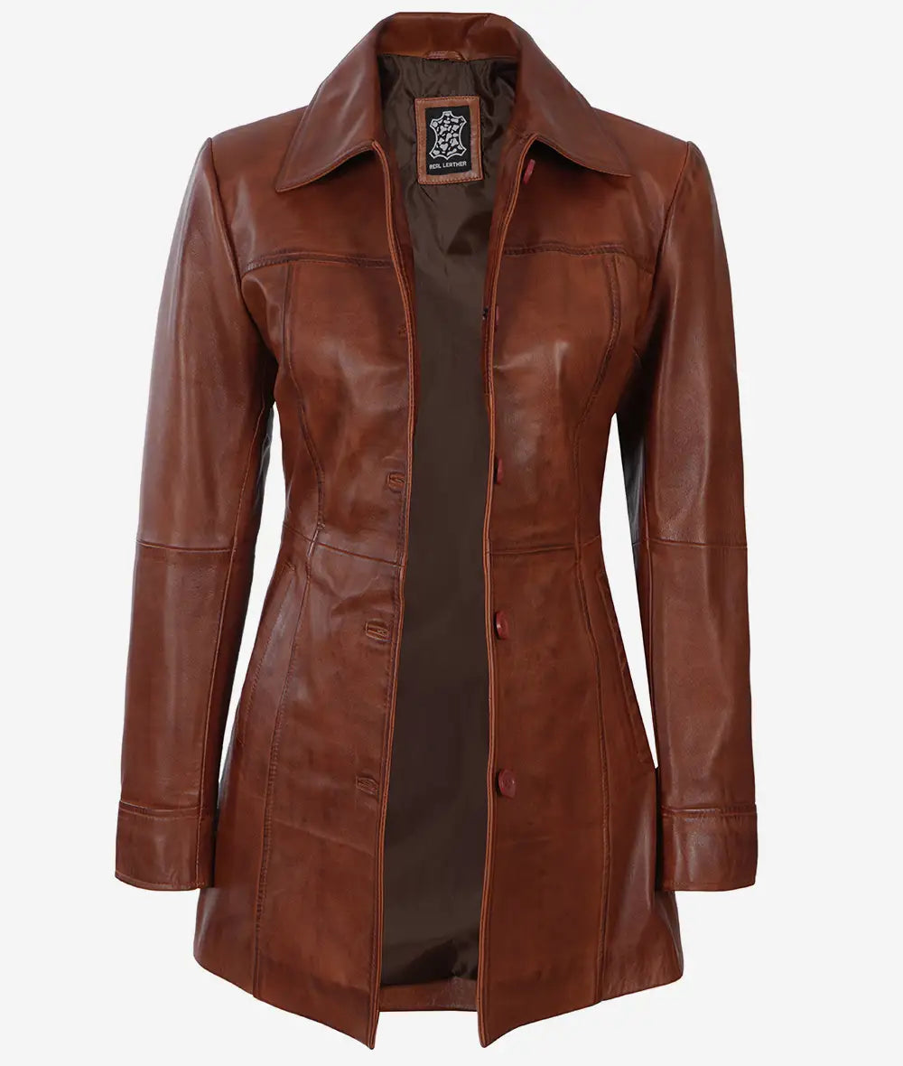 Manteau en cuir marron cognac