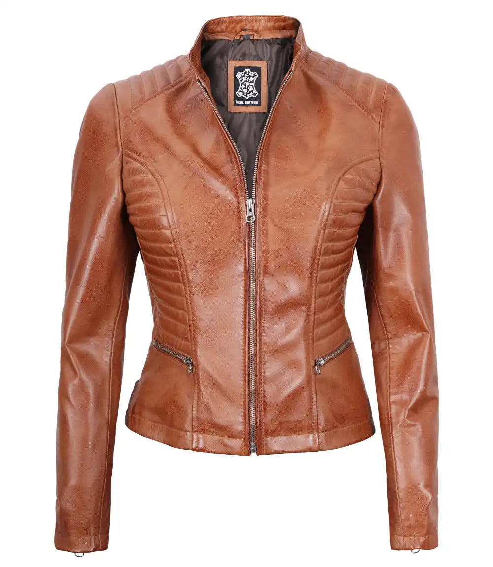 veste en cuir petite femme motard beige