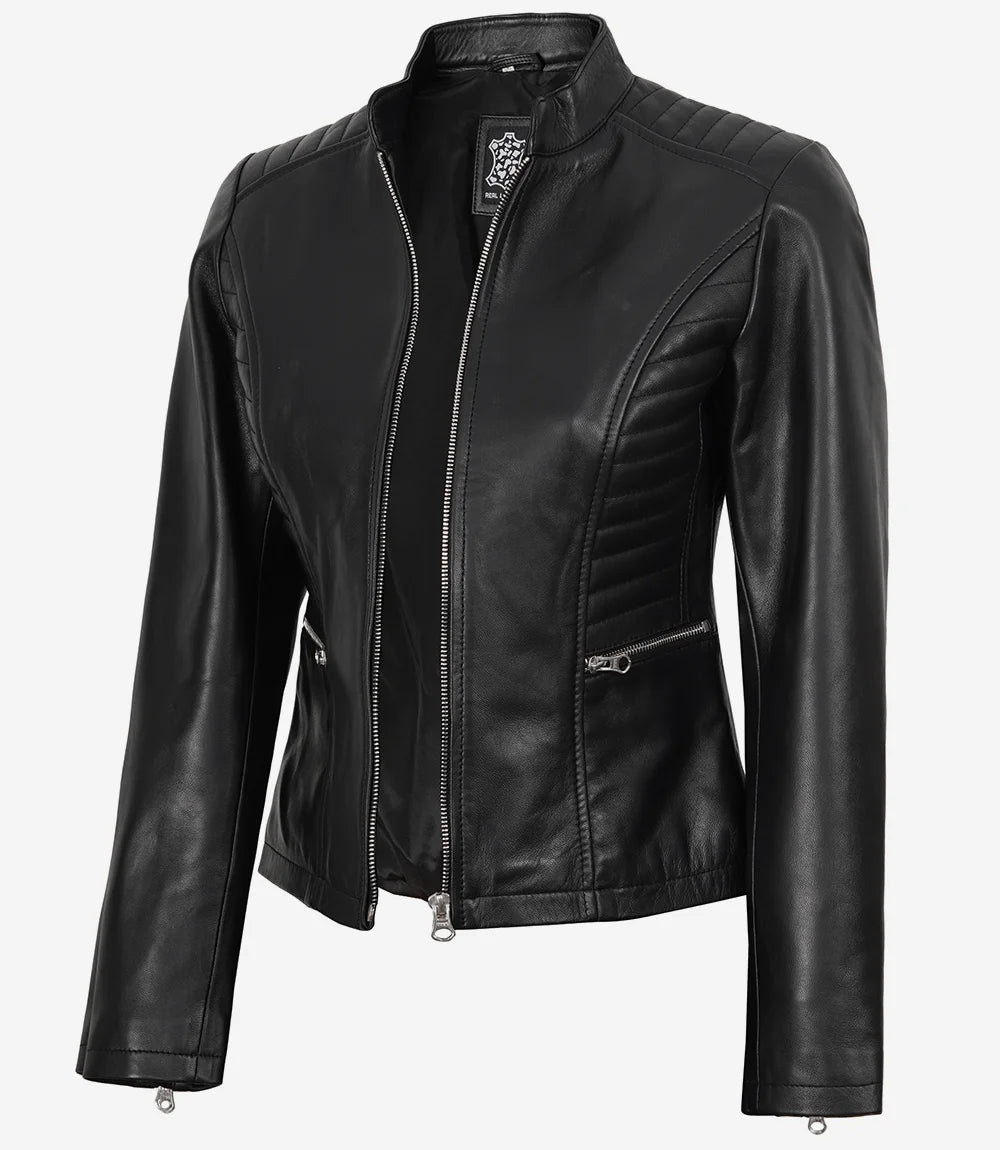 Blouson en cuir noir Cafe Racer femme