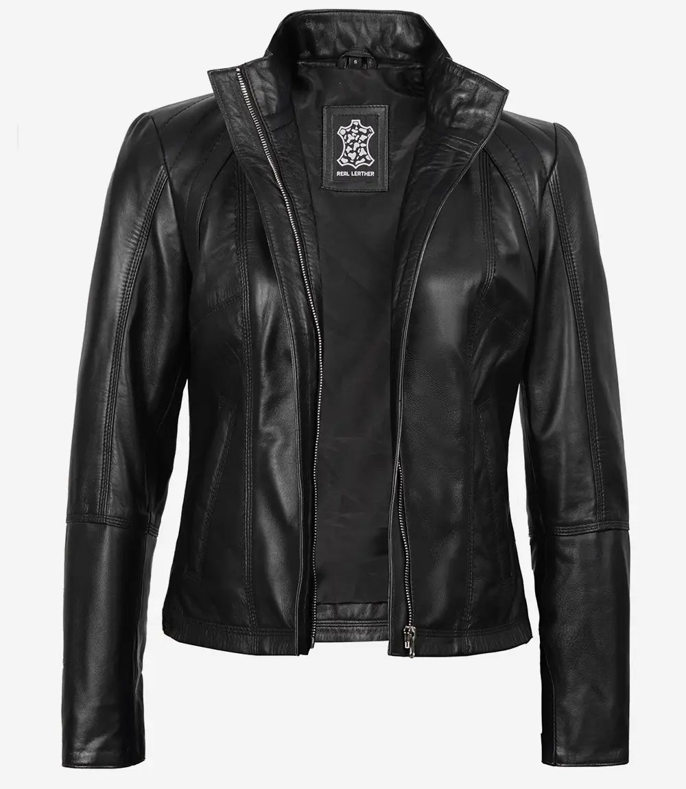 Women's Black Leather Cafe Racer Style Motorcycle Jacket