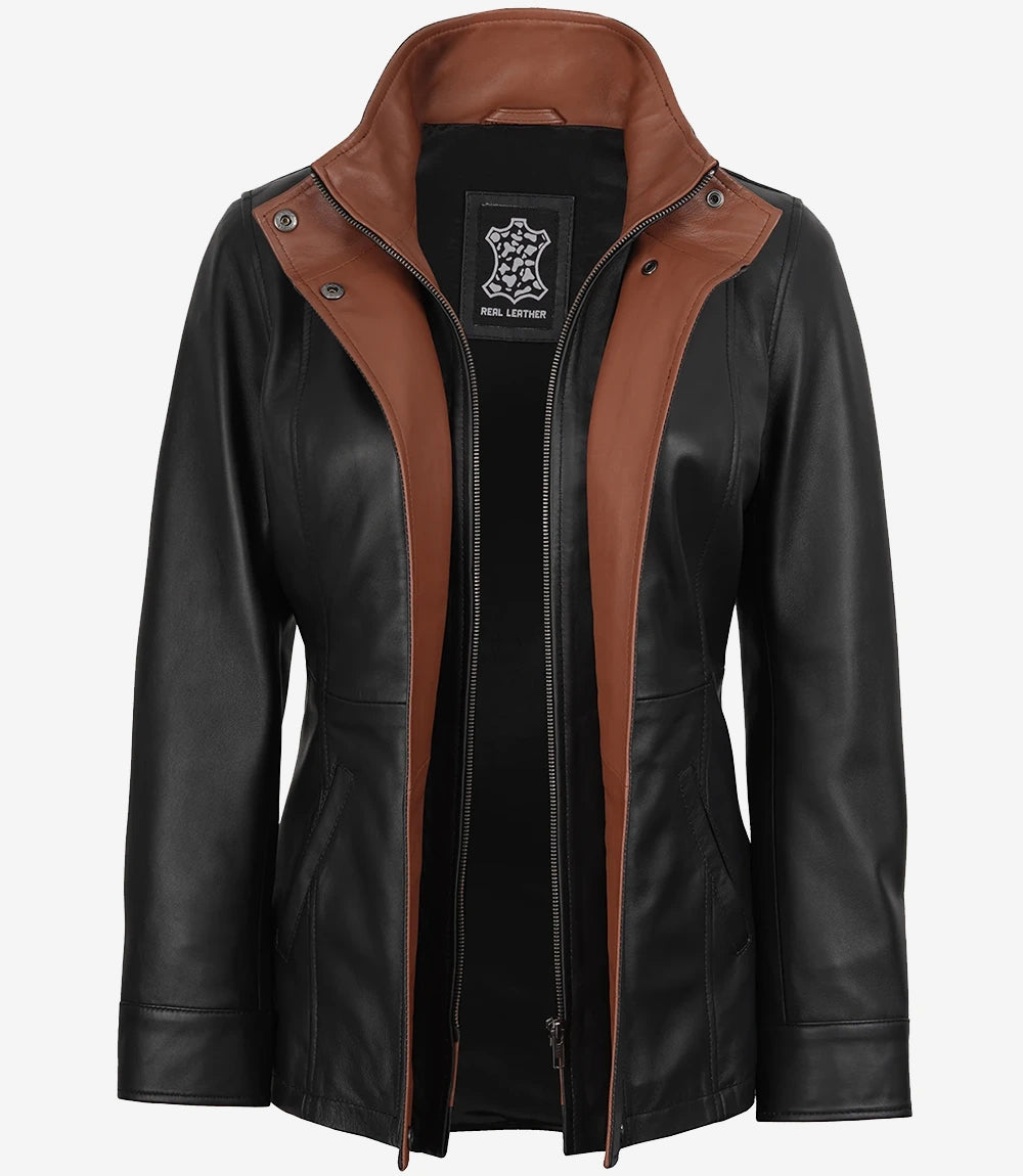 Femmes Large Revers Noir Cuir Veste