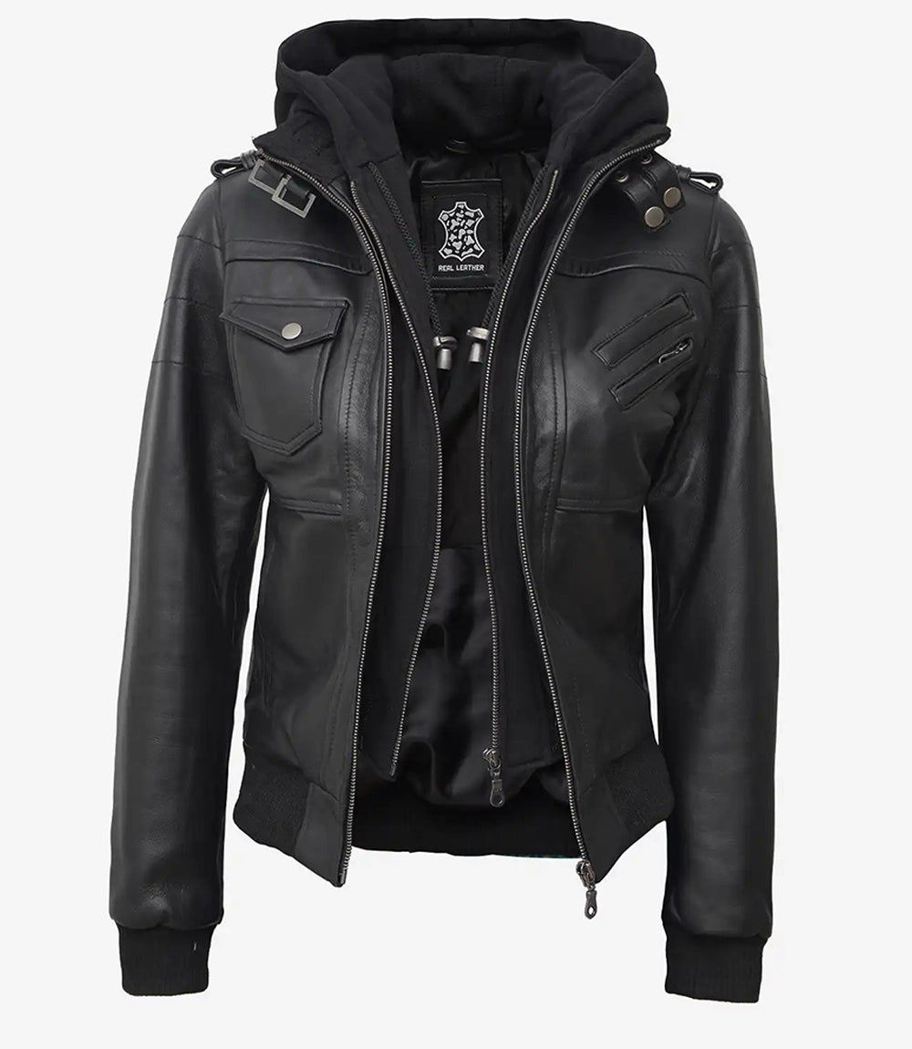 Edinburgh Women's Black Leather Bomber Jacket with Detachable Hood