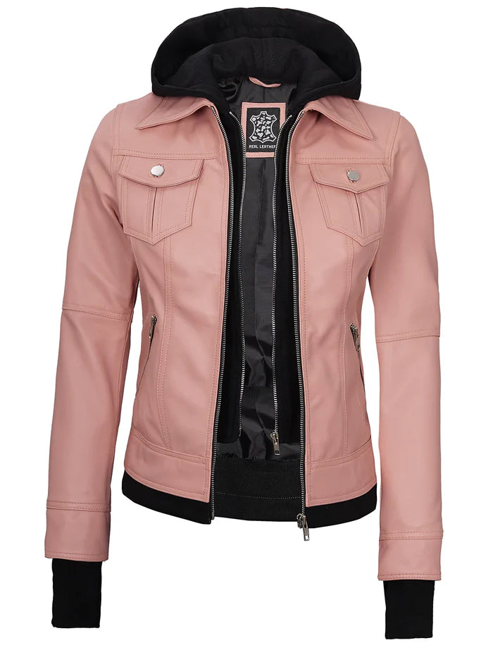 Veste en cuir à capuche pour femme