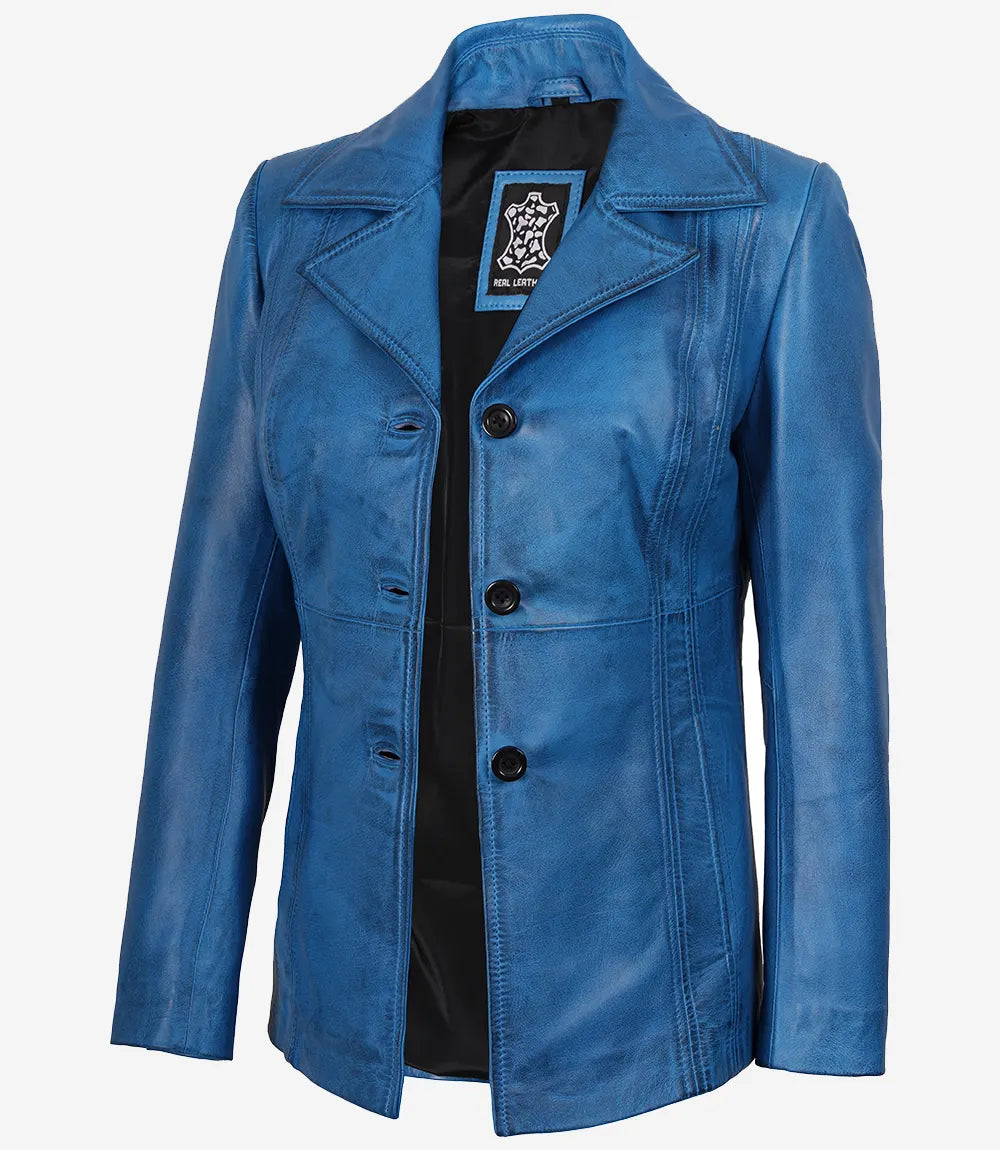 Manteau 3/4 en cuir bleu pour femme