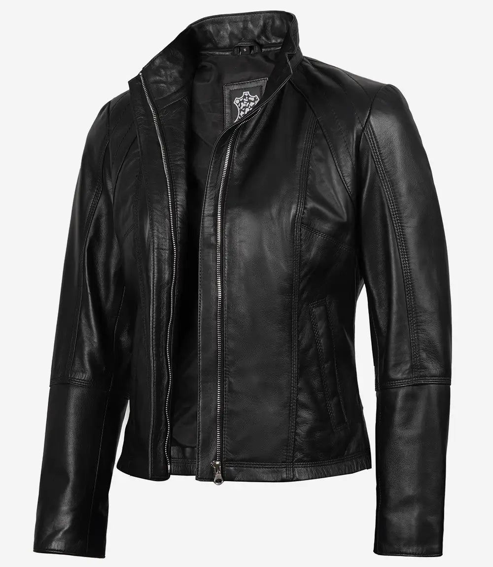 Women's Black Leather Cafe Racer Style Motorcycle Jacket