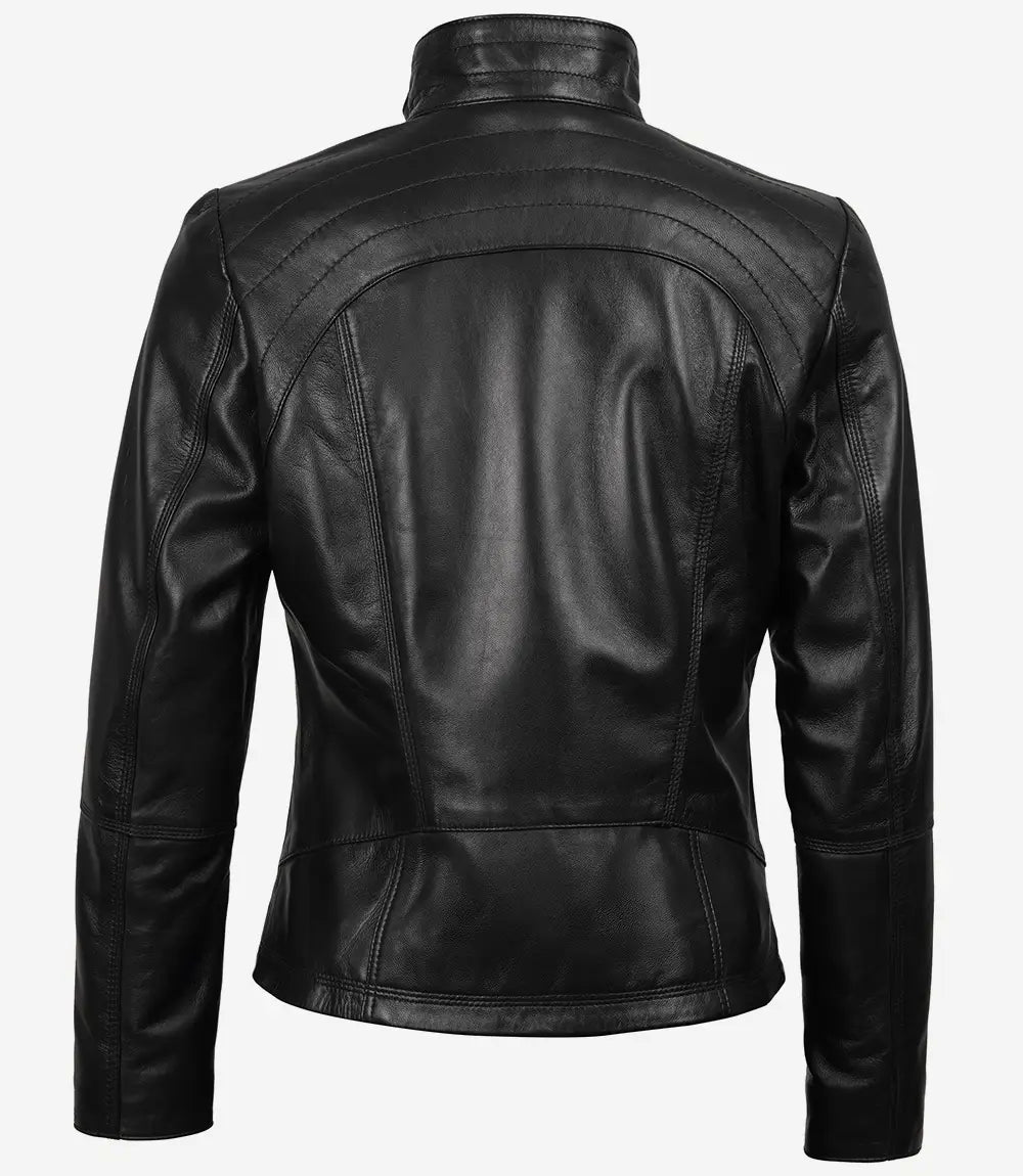 Women's Black Leather Cafe Racer Style Motorcycle Jacket