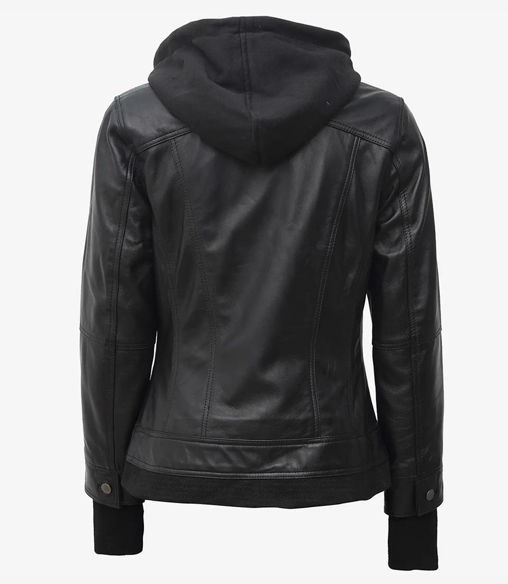 Women's Black Leather Motorcycle Jacket with Hood