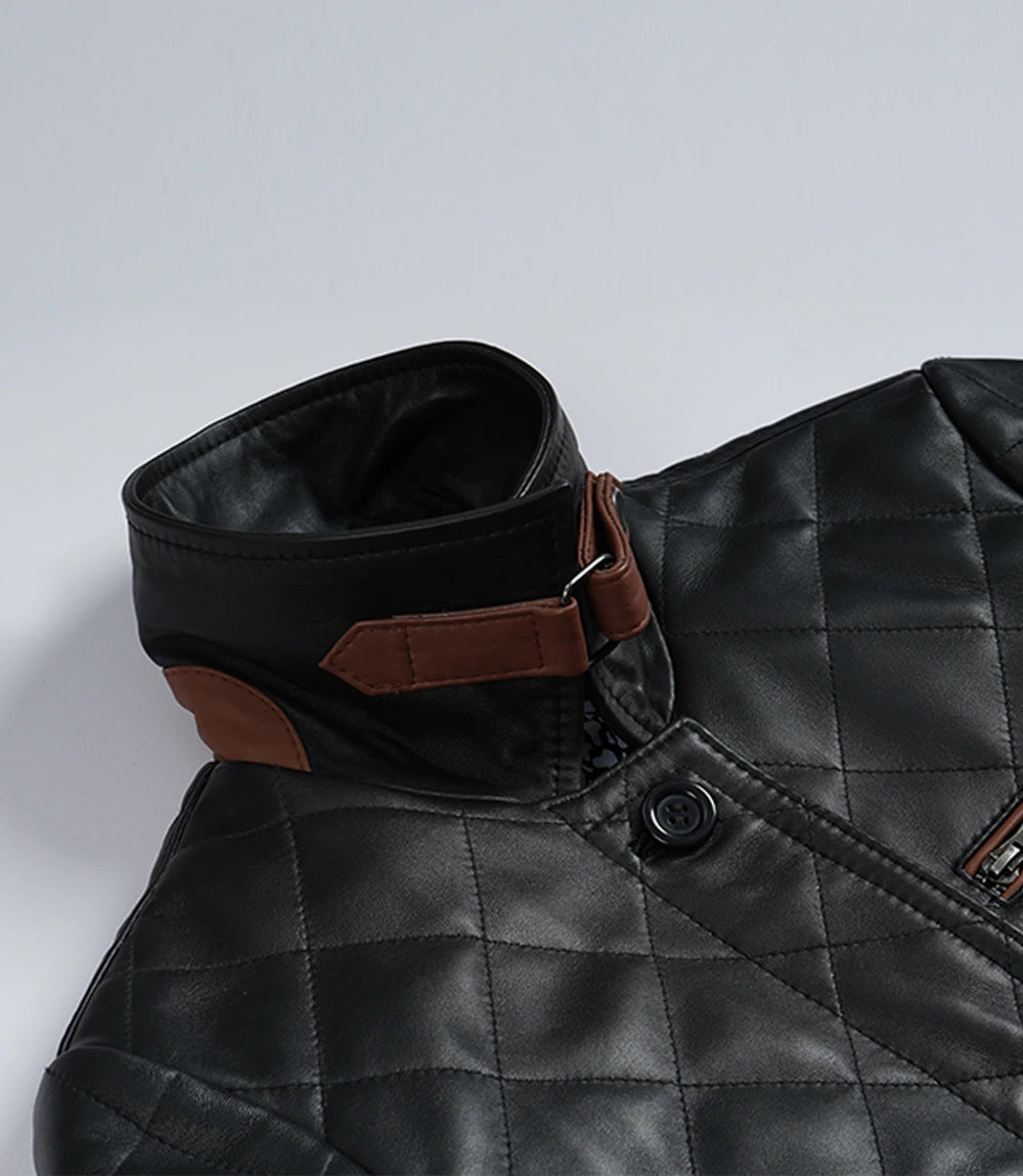 Femmes Noir Cuir Veste avec Brun Garniture