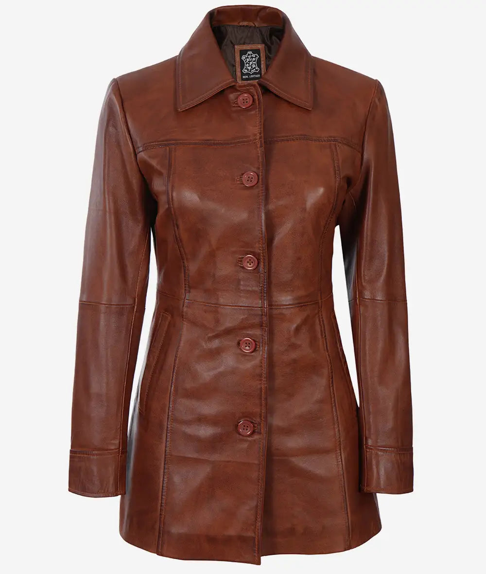 manteau de voiture en cuir marron pour femme